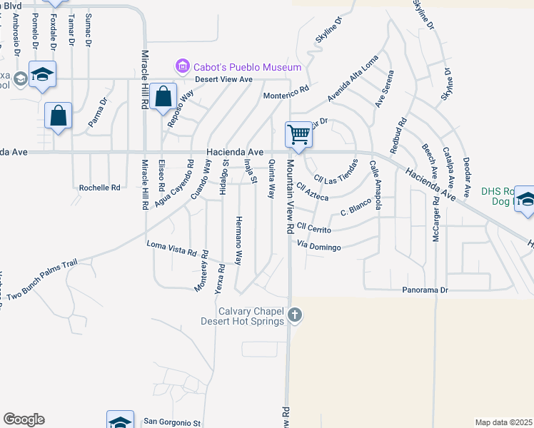 map of restaurants, bars, coffee shops, grocery stores, and more near 13445 Quinta Way in Desert Hot Springs