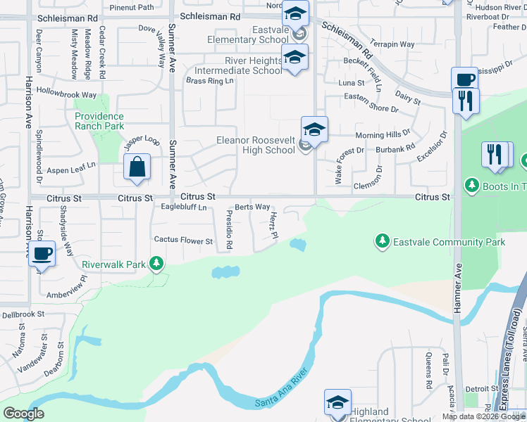 map of restaurants, bars, coffee shops, grocery stores, and more near 13153 Berts Way in Corona