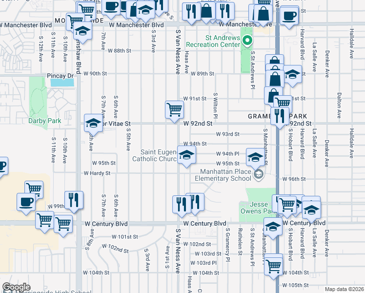 map of restaurants, bars, coffee shops, grocery stores, and more near 9402 South Van Ness Avenue in Los Angeles