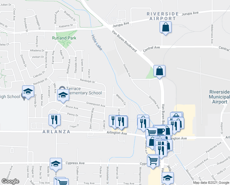 map of restaurants, bars, coffee shops, grocery stores, and more near 6656 Geranium Place in Riverside