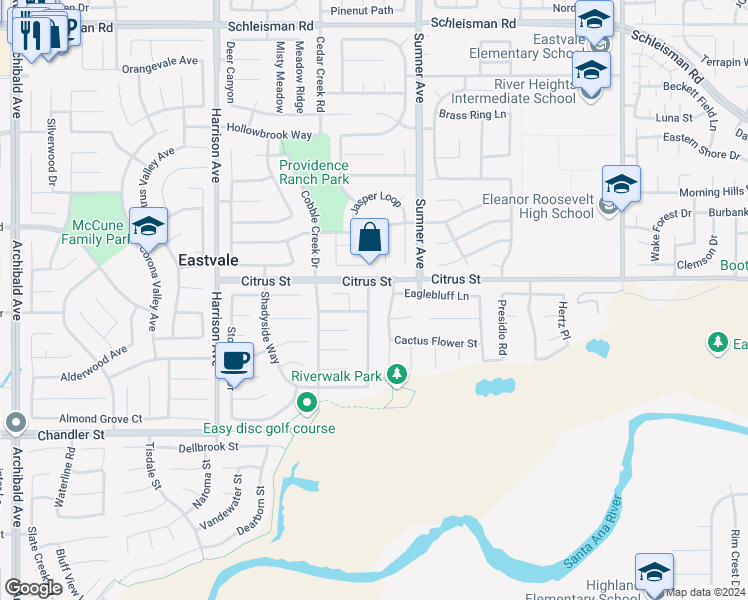 map of restaurants, bars, coffee shops, grocery stores, and more near 7526 Morning Mist Drive in Corona