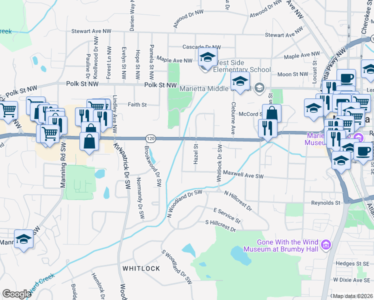 map of restaurants, bars, coffee shops, grocery stores, and more near 29 Durham Street Southwest in Marietta