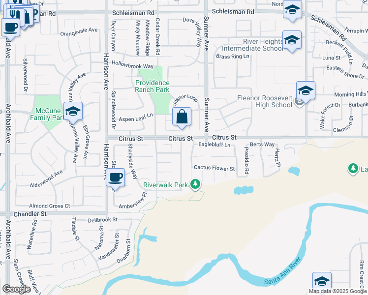 map of restaurants, bars, coffee shops, grocery stores, and more near 7526 Morning Mist Drive in Corona