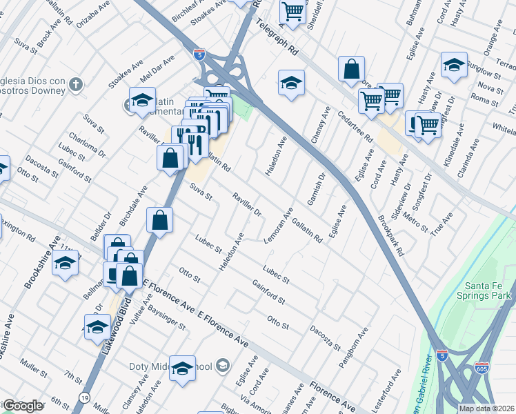 map of restaurants, bars, coffee shops, grocery stores, and more near 9526 Haledon Avenue in Downey