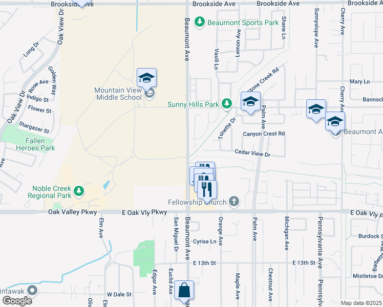 map of restaurants, bars, coffee shops, grocery stores, and more near 1503 Mountain View Tr in Beaumont