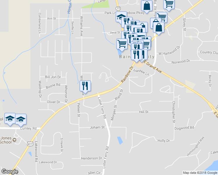 map of restaurants, bars, coffee shops, grocery stores, and more near 3723 Rainbow Drive in Rainbow City