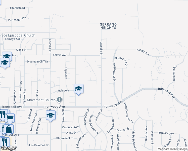 map of restaurants, bars, coffee shops, grocery stores, and more near 11855 Rockingham Street in Moreno Valley
