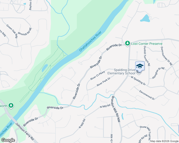 map of restaurants, bars, coffee shops, grocery stores, and more near 7173 Riverside Drive Northwest in Atlanta