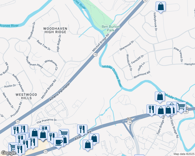 map of restaurants, bars, coffee shops, grocery stores, and more near Athens Perimeter in Athens