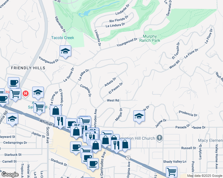map of restaurants, bars, coffee shops, grocery stores, and more near 15800 El Paseo Dr in Whittier