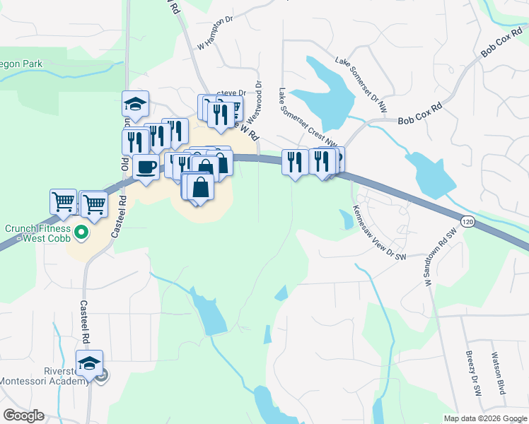 map of restaurants, bars, coffee shops, grocery stores, and more near 81 Westhaven Drive Southwest in Marietta