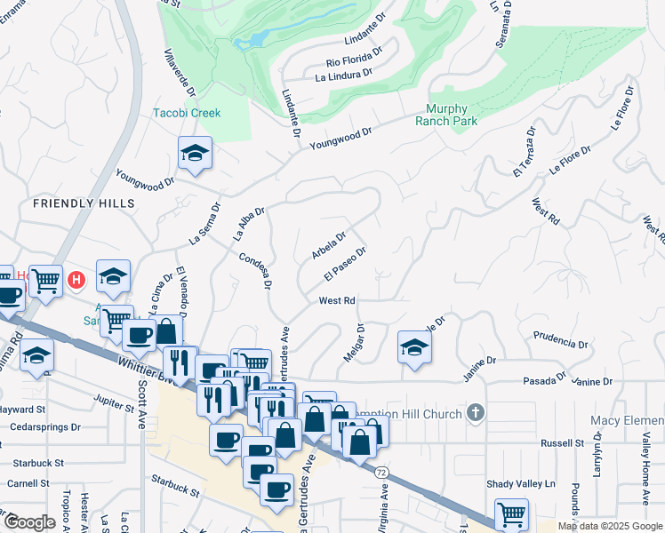 map of restaurants, bars, coffee shops, grocery stores, and more near 15800 El Paseo Drive in Whittier
