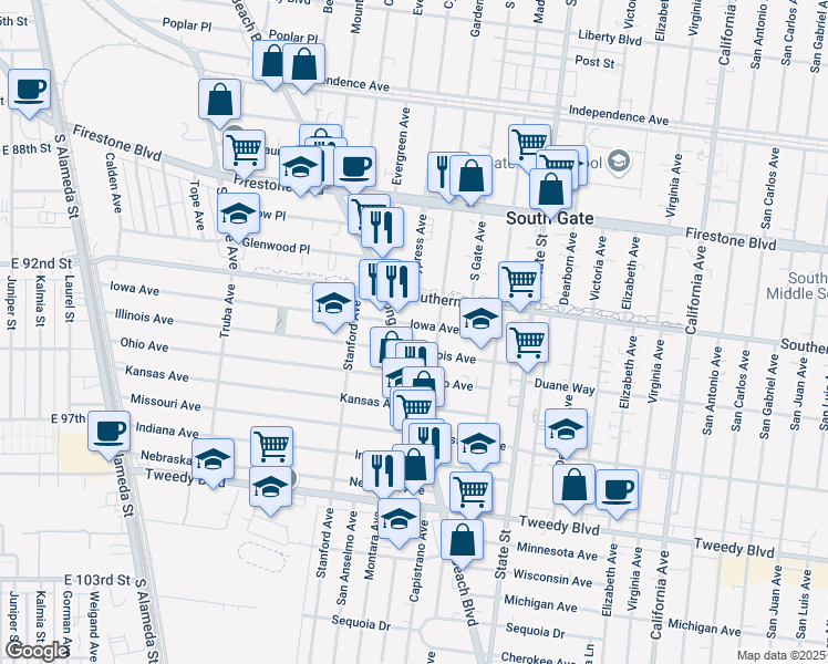 map of restaurants, bars, coffee shops, grocery stores, and more near 9325 Long Beach Boulevard in South Gate