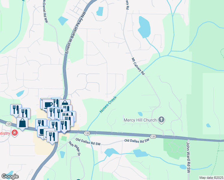 map of restaurants, bars, coffee shops, grocery stores, and more near 76 Noses Creek Road in Marietta