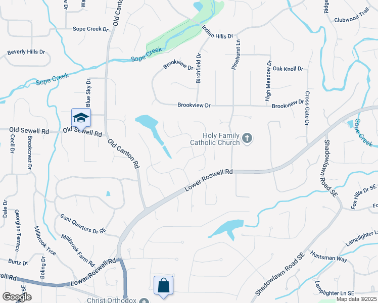 map of restaurants, bars, coffee shops, grocery stores, and more near 93 Ridgetree Lane Northeast in Marietta