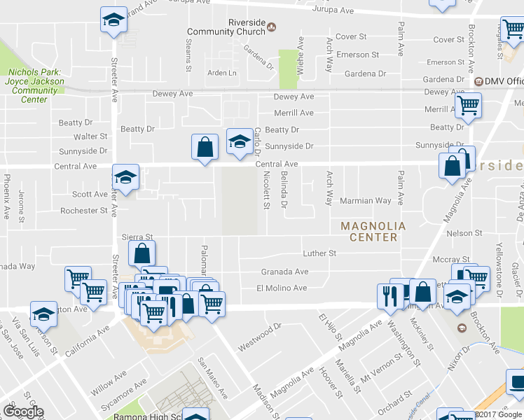map of restaurants, bars, coffee shops, grocery stores, and more near 6725 Nicolett Street in Riverside