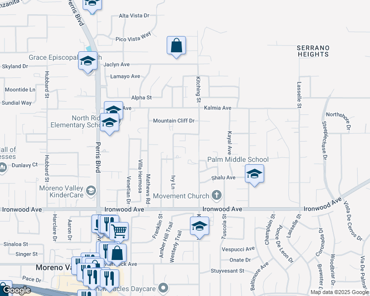 map of restaurants, bars, coffee shops, grocery stores, and more near 11694 Ivy Lane in Moreno Valley