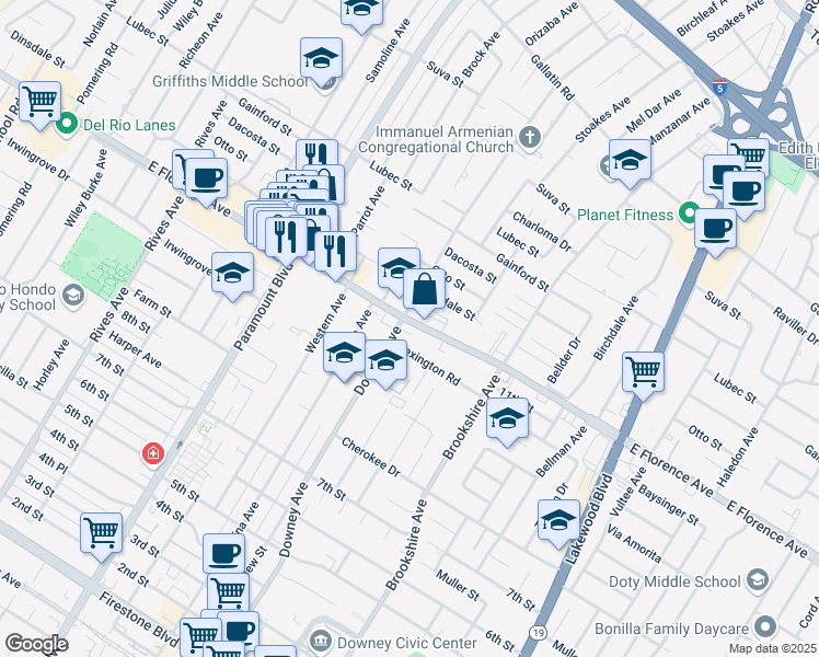 map of restaurants, bars, coffee shops, grocery stores, and more near 8326 East Florence Avenue in Downey