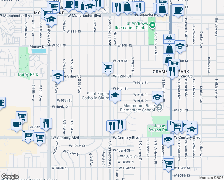 map of restaurants, bars, coffee shops, grocery stores, and more near 9402 South Van Ness Avenue in Los Angeles