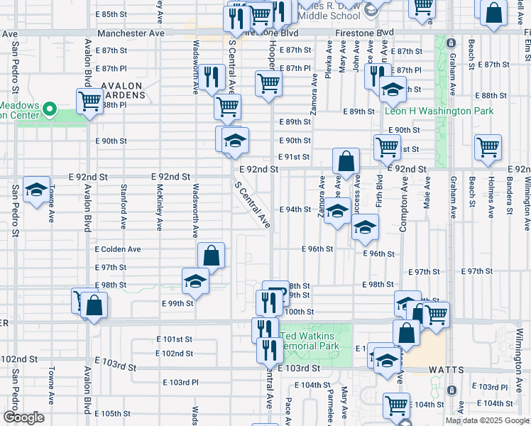 map of restaurants, bars, coffee shops, grocery stores, and more near 9414 South Central Avenue in Los Angeles