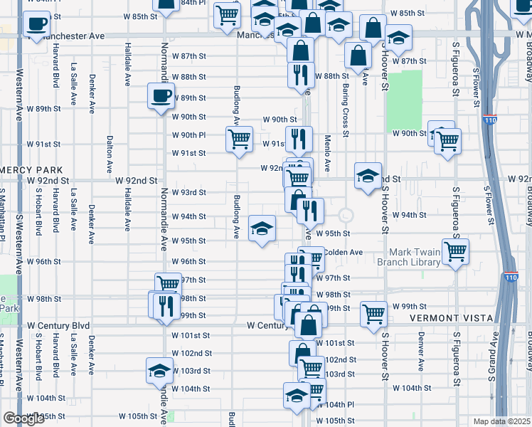 map of restaurants, bars, coffee shops, grocery stores, and more near 1115 West 94th Street in Los Angeles