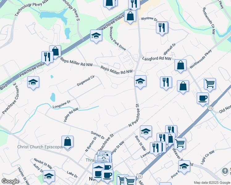 map of restaurants, bars, coffee shops, grocery stores, and more near 567 Cochran Drive in Norcross