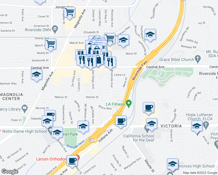 map of restaurants, bars, coffee shops, grocery stores, and more near 6395 Riverside Avenue in Riverside
