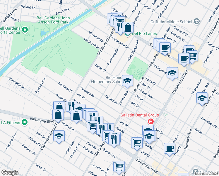 map of restaurants, bars, coffee shops, grocery stores, and more near 10632 Wiley Burke Avenue in Downey