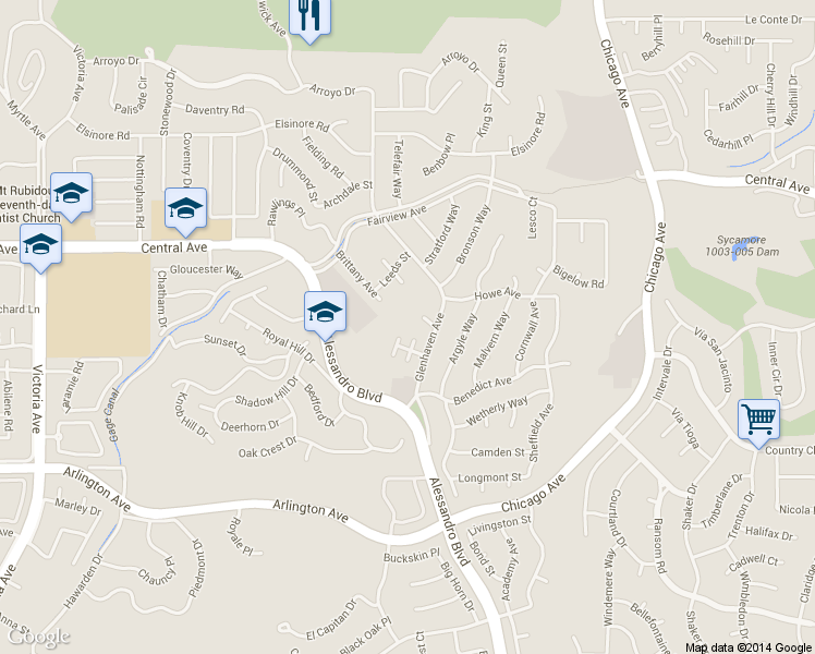 map of restaurants, bars, coffee shops, grocery stores, and more near 2100 Old Quarry Road in Riverside