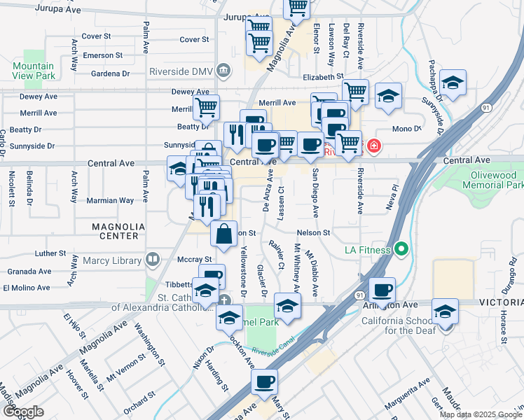 map of restaurants, bars, coffee shops, grocery stores, and more near 3707 Tahoe Court in Riverside