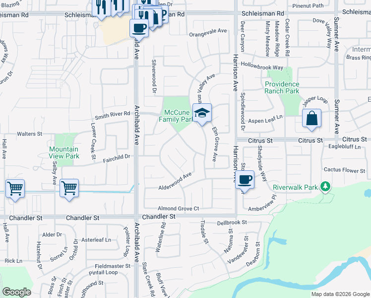 map of restaurants, bars, coffee shops, grocery stores, and more near 7553 Coralwood Court in Corona