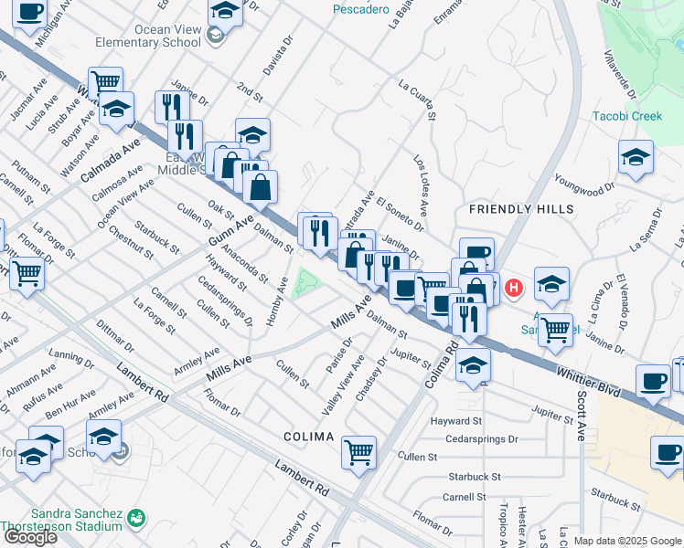 map of restaurants, bars, coffee shops, grocery stores, and more near 14640 1/2 Whittier Boulevard in Whittier