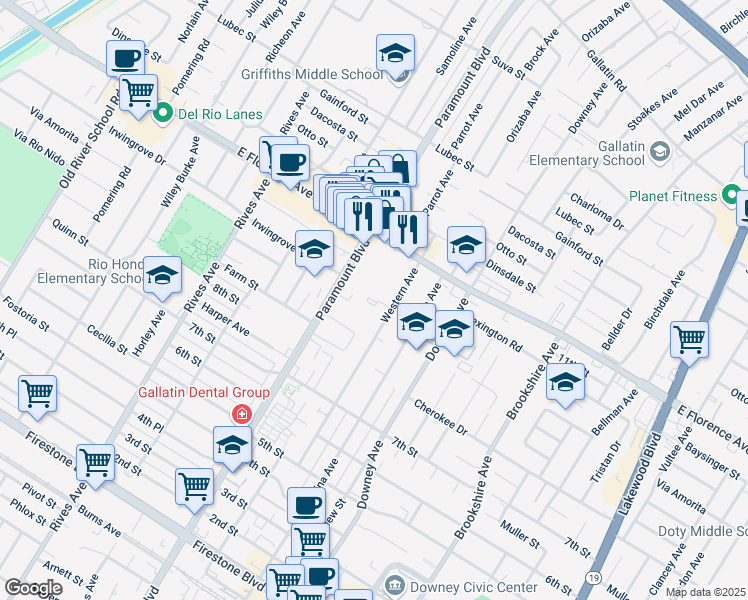 map of restaurants, bars, coffee shops, grocery stores, and more near 10319 Western Avenue in Downey