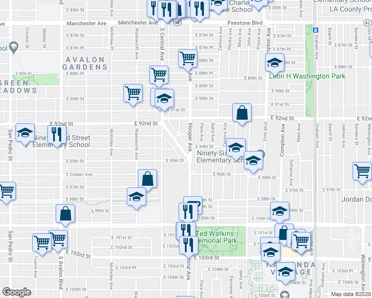 map of restaurants, bars, coffee shops, grocery stores, and more near 9402 Hooper Avenue in Los Angeles