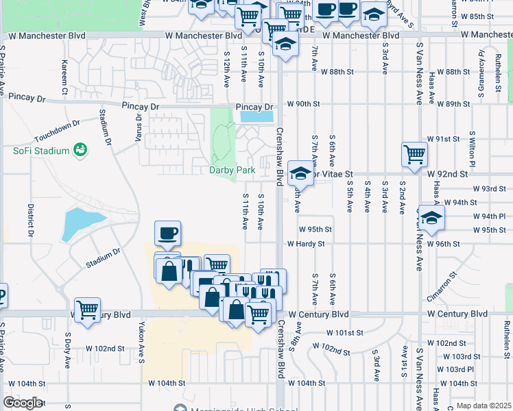 map of restaurants, bars, coffee shops, grocery stores, and more near 9406 South 10th Avenue in Inglewood