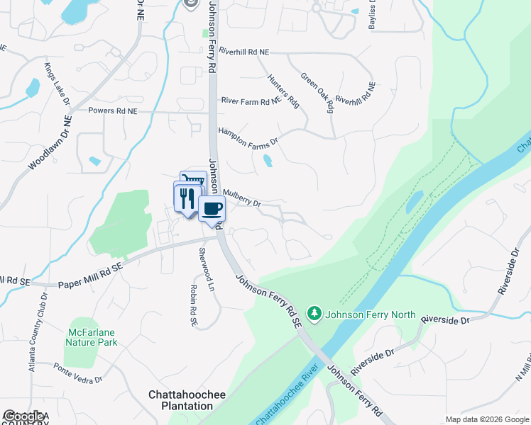 map of restaurants, bars, coffee shops, grocery stores, and more near 101 Carryback Drive in Marietta
