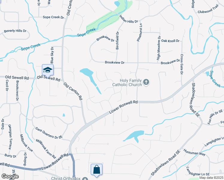 map of restaurants, bars, coffee shops, grocery stores, and more near 93 Ridgetree Lane Northeast in Marietta