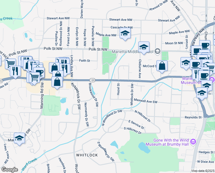 map of restaurants, bars, coffee shops, grocery stores, and more near 32 Durham Street Southwest in Marietta