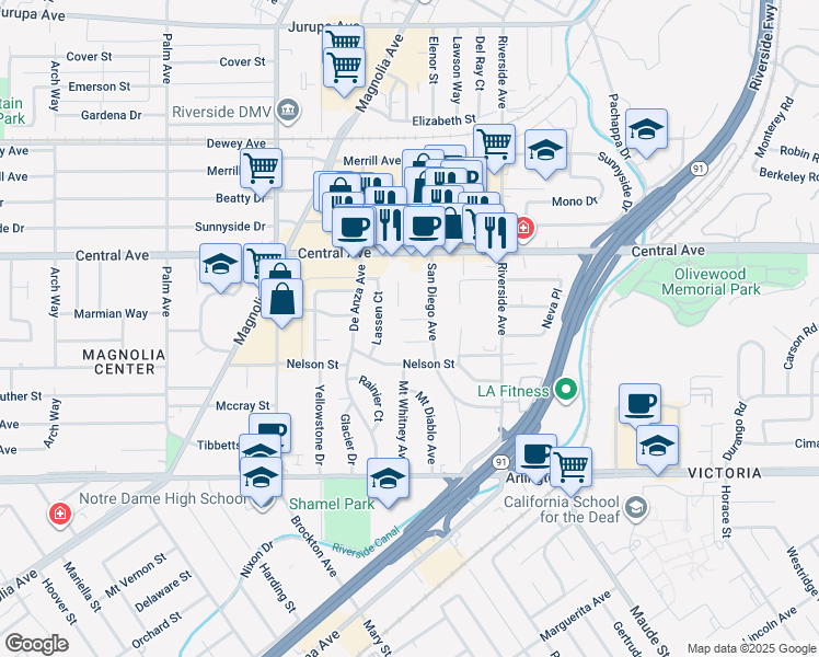 map of restaurants, bars, coffee shops, grocery stores, and more near 3584 Cheryl Way in Riverside