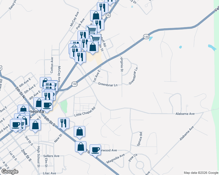 map of restaurants, bars, coffee shops, grocery stores, and more near 31 Greenbriar Lane in Oneonta