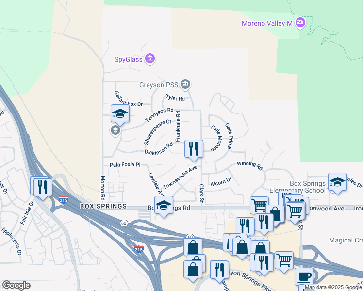 map of restaurants, bars, coffee shops, grocery stores, and more near 21425 Dickinson Road in Moreno Valley