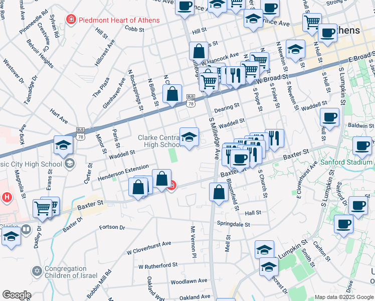 map of restaurants, bars, coffee shops, grocery stores, and more near 350 South Milledge Avenue in Athens