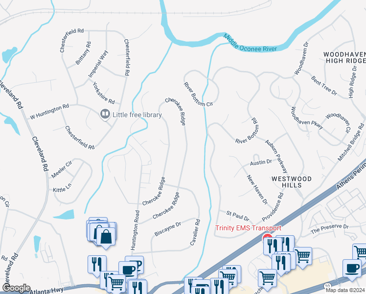 map of restaurants, bars, coffee shops, grocery stores, and more near 277 Cherokee Ridge in Athens