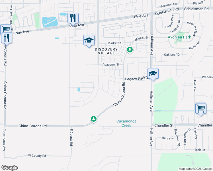 map of restaurants, bars, coffee shops, grocery stores, and more near 16672 Dara Avenue in Chino