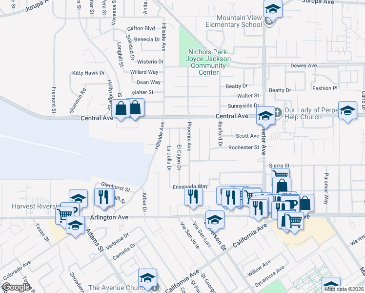map of restaurants, bars, coffee shops, grocery stores, and more near 6724 El Cajon Drive in Riverside