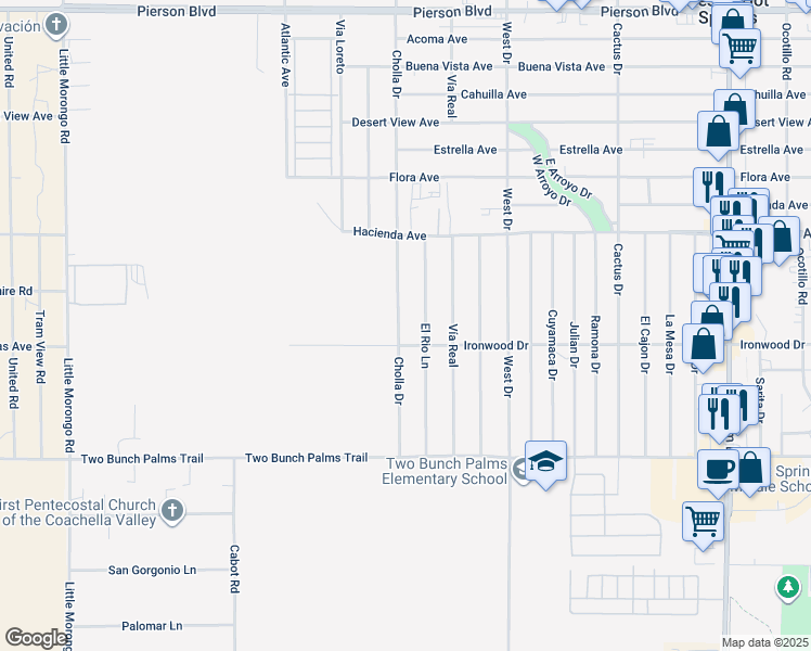 map of restaurants, bars, coffee shops, grocery stores, and more near 13416 Cholla Drive in Desert Hot Springs
