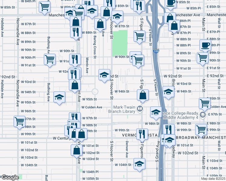 map of restaurants, bars, coffee shops, grocery stores, and more near 9330 South Hoover Street in Los Angeles