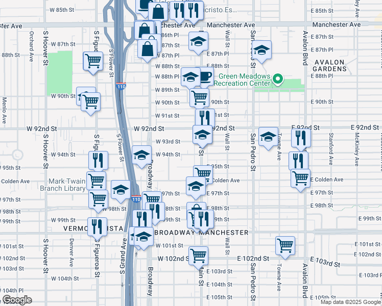 map of restaurants, bars, coffee shops, grocery stores, and more near 126 West 94th Street in Los Angeles