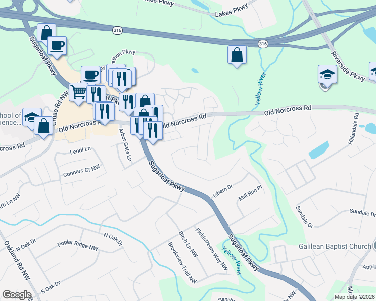 map of restaurants, bars, coffee shops, grocery stores, and more near 719 Riverbridge Drive in Lawrenceville