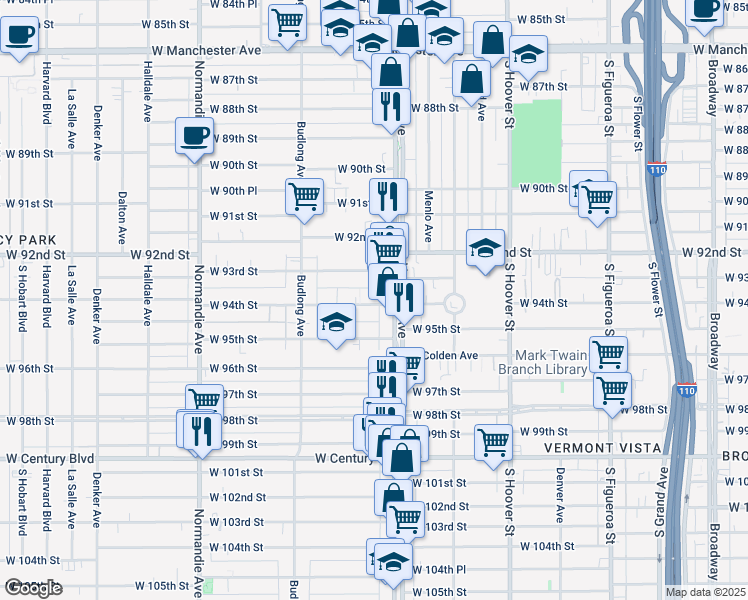 map of restaurants, bars, coffee shops, grocery stores, and more near 1023 West 94th Street in Los Angeles